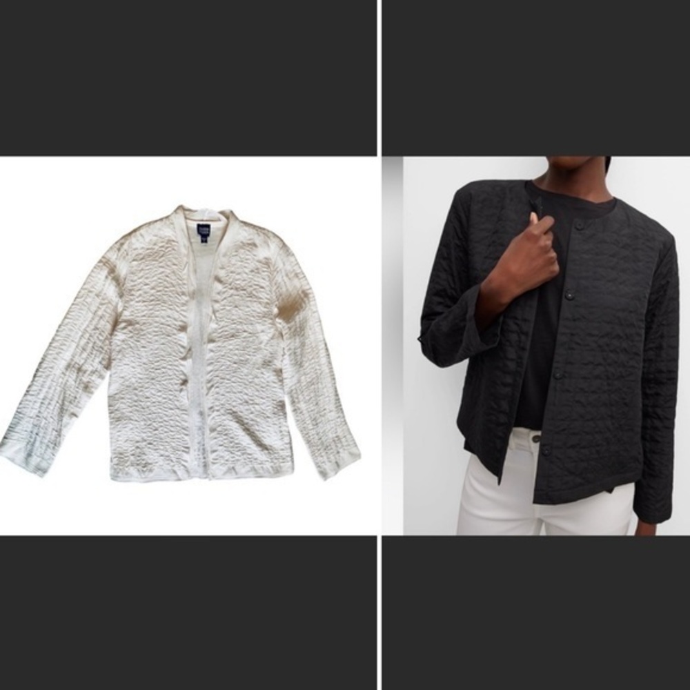 Eileen Fisher High Collar Crinkled Silk Open Jacket Ivory White Sz Small - Picture 2 of 10
